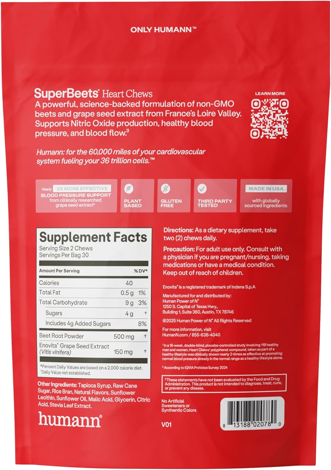 Humann SuperBeets Heart Chews Beetroot Grape Seed Extract Pomegranate Berry 60 Count