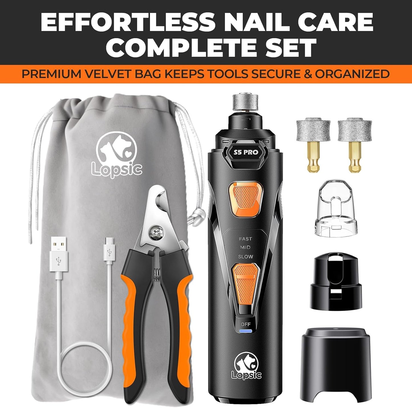 Rechargeable Dog Nail Grinder with LED Light – 3 Speeds, 3 Grinding Bits, Pet Nail Trimmer