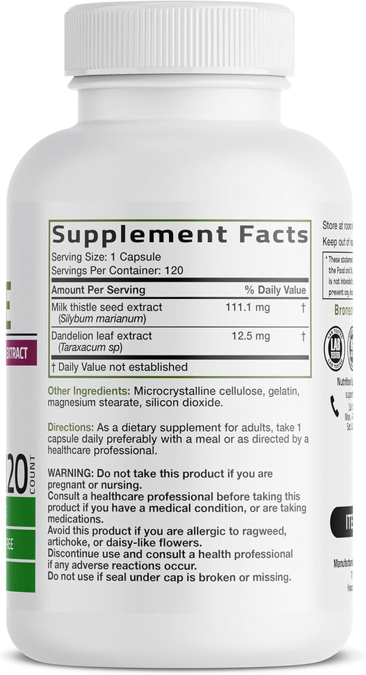 Bronson Milk Thistle & Dandelion Extract Capsules – Silymarin Liver Support Supplement, 120 Count