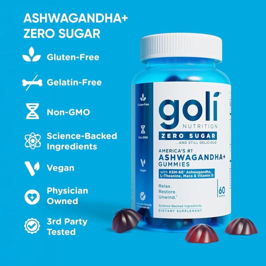Goli Zero Sugar Ashwagandha Gummies with KSM-66 L-Theanine Maca & Vitamin D Vegan