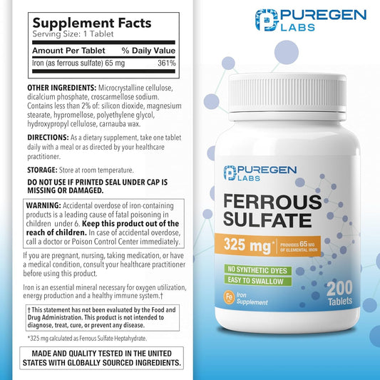 Puregen Labs Ferrous Sulfate 325 mg Iron Supplement 200 Tablets