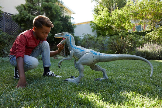Mattel Jurassic World Super Colossal Velociraptor Blue Figure – 3.5 ft Dinosaur Toy with Eating Feature