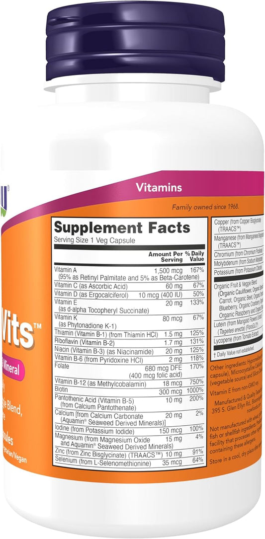 NOW Foods Daily Vits Multivitamin Capsules with Fruit & Veggie Blend, Lutein and Lycopene 120 Count