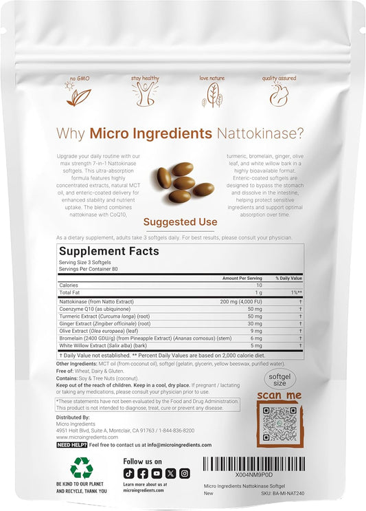 Micro Ingredients Nattokinase 4,000 FU Equivalent with CoQ10, Bromelain, Turmeric & Ginger – 7-in-1 Cardiovascular Support, 240 Softgels