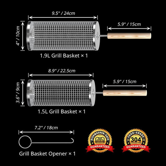 Rolling Grill Baskets Stainless Steel with Removable Wooden Handle BBQ Set
