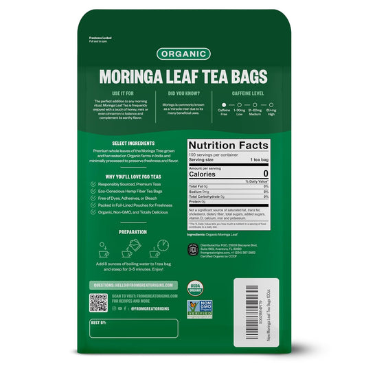 FGO Organic Moringa Tea Bags Caffeine Free 100 Count