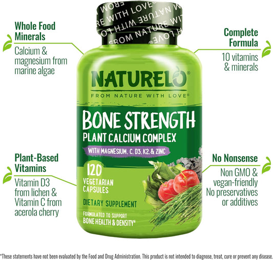 NATURELO Calcium Supplement 600 mg with Vitamins C D3 K2 Magnesium Zinc 120 Caps