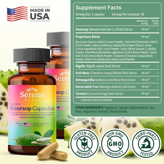 Serene Herbs Organic Graviola Soursop Capsules with Black Seed 2 Pack 120 Count