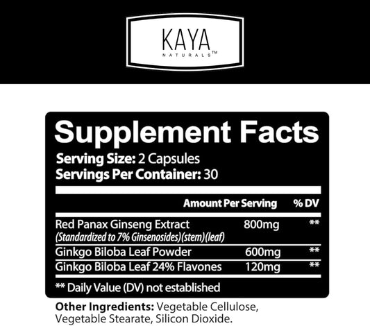 Kaya Naturals Red Panax Ginseng + Ginkgo Biloba - Nootropic Brain Supplement - Cognitive and Concentration Support - Brain Booster, Focus, and Memory Supplement - 60 Capsules