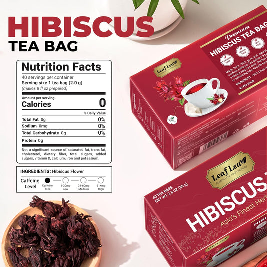 LeafLea Hibiscus Tea Bags 100% Pure Herbal Caffeine Free 40 Count