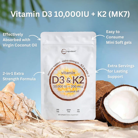 Micro Ingredients Vitamin D3 10,000 IU + K2 MK-7 200 mcg Softgels – 2-in-1 Vitamin D & K Complex with Coconut Oil, 300 Count