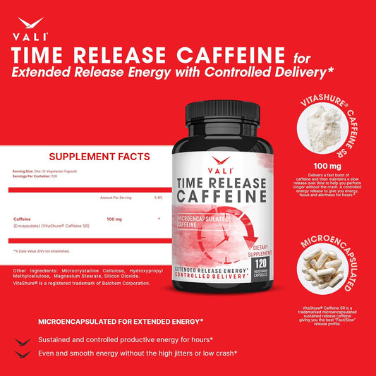 VALI Time Release Caffeine 100mg – Slow Release Energy & Focus Nootropic Supplement, 120 Veggie Capsules