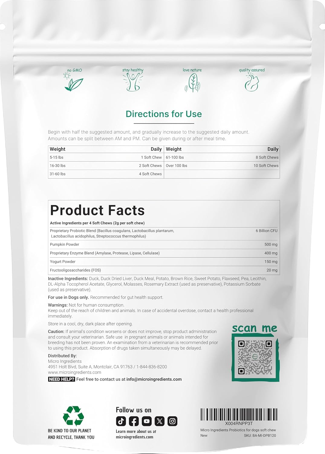 Micro Ingredients Probiotics for Dogs Soft Chews – 6 Billion CFU with Prebiotics, Enzymes & Pumpkin, Duck Flavor, 240 Count