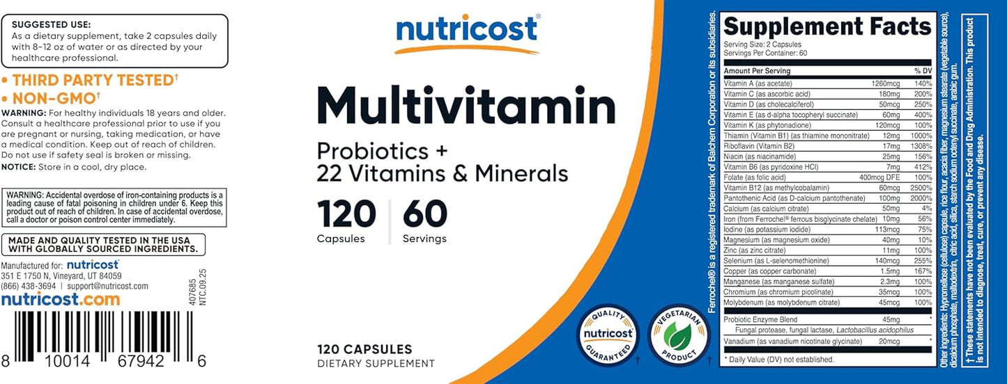 Nutricost Multivitamin with Probiotics 120 Vegetarian Capsules