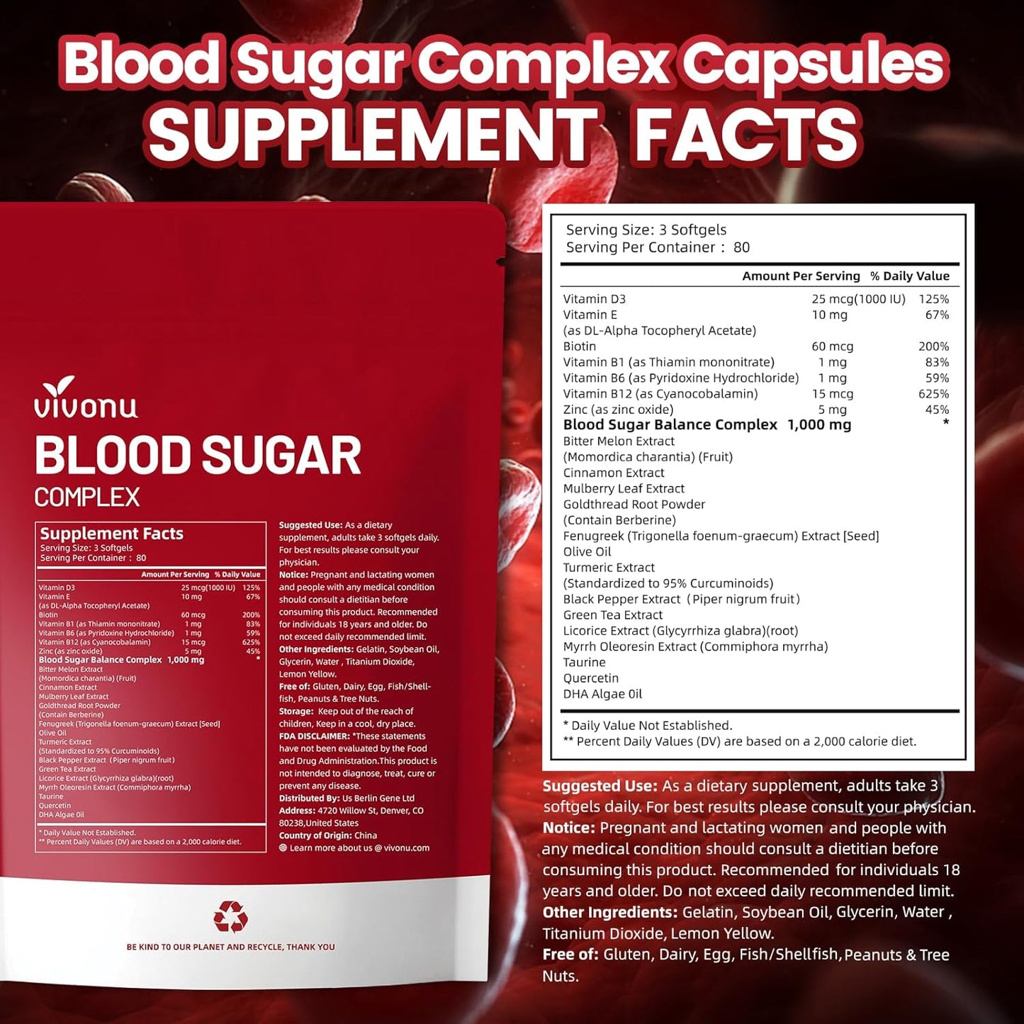 VivoNu Blood Sugar Complex Capsules Cinnamon Turmeric Black Pepper Vegan