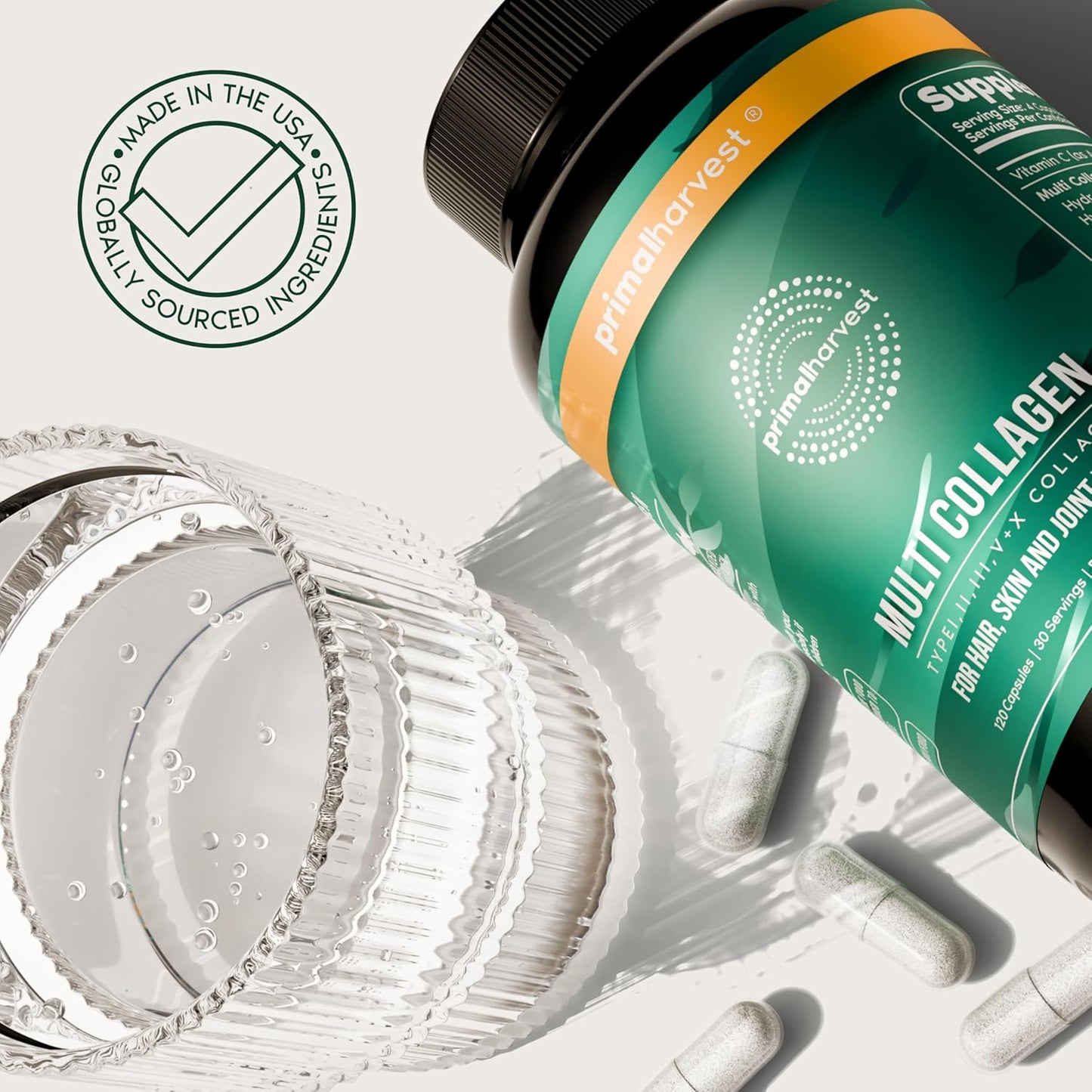 Primal Harvest Multi Collagen Capsules Types I II III V X with Vitamin C 120 Count
