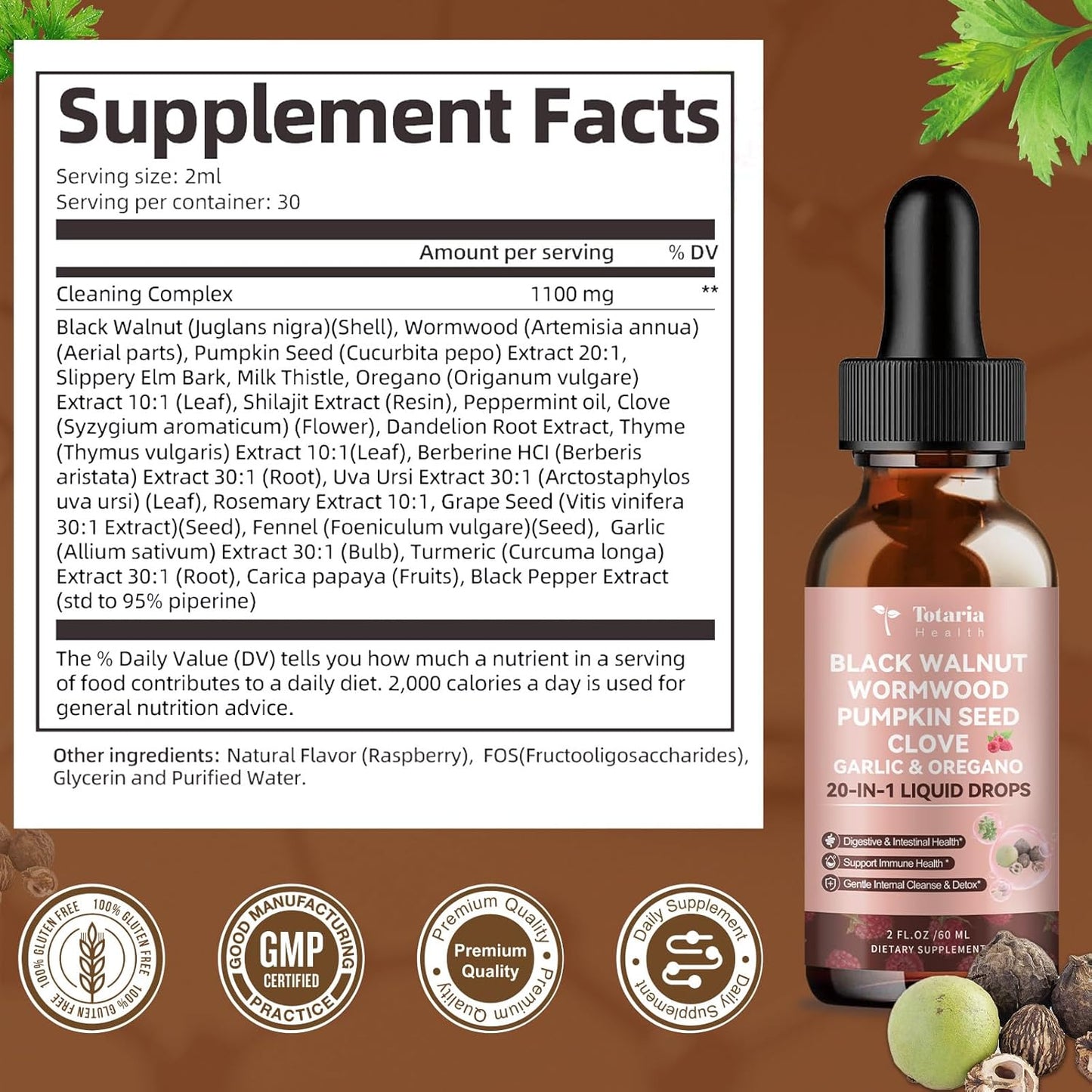 Totaria 20 in 1 Black Walnut Wormwood Tincture - Clove,Pumpkin Seed,Garlic,Oregano,Berberine - Gentle Gut Cleanse & Digestive Health -Raspberry Flavor - 2FL