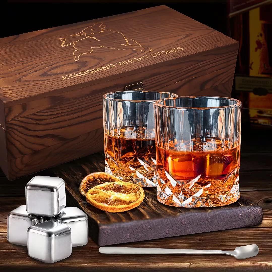Whiskey Gift Set with Glasses and Stainless Steel Ice Stones 2 Glass Set