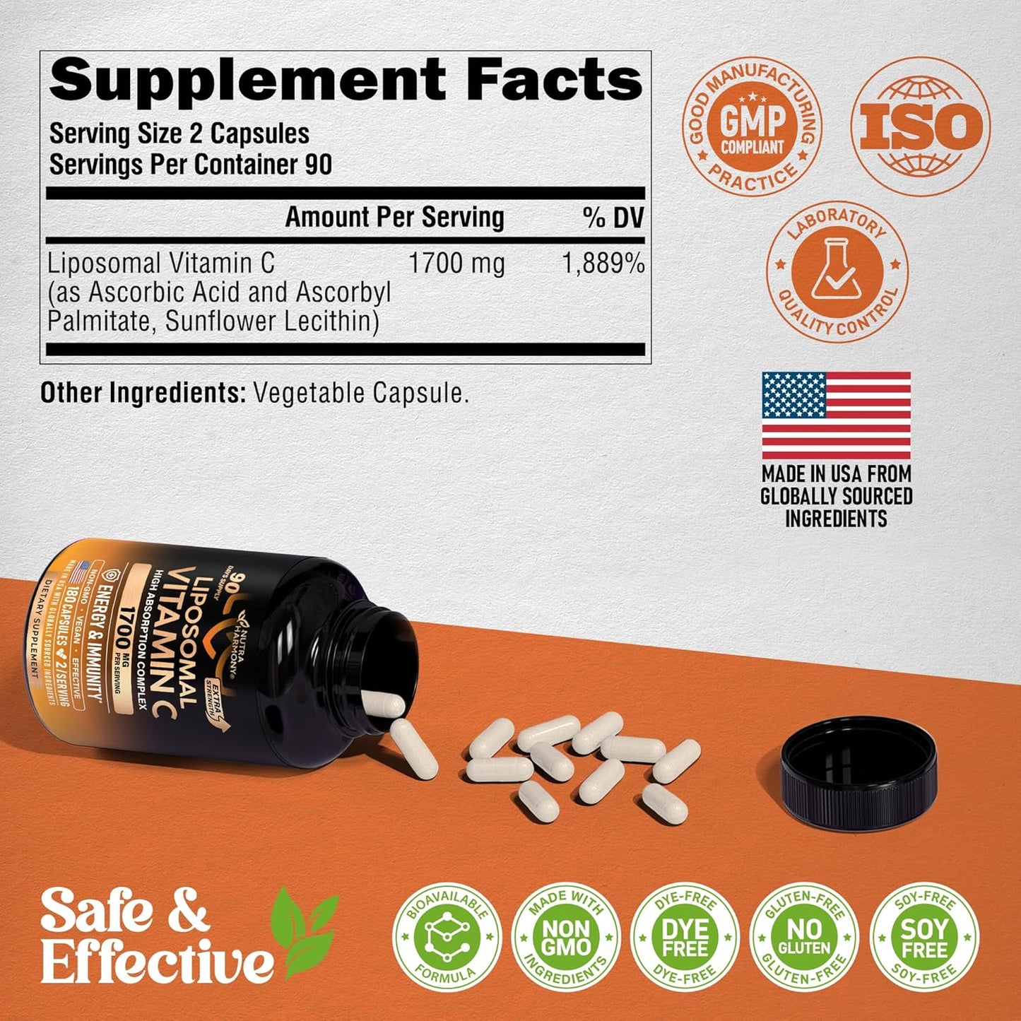 Liposomal Vitamin C 1700 mg Capsules – High Absorption, Non-GMO, Soy-Free, 180 Count
