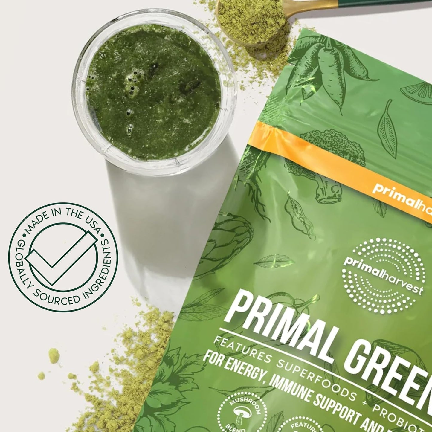 Primal Harvest Super Greens Powder Chlorella Probiotics Green Tea Wheatgrass Kale Turmeric 30 Servings