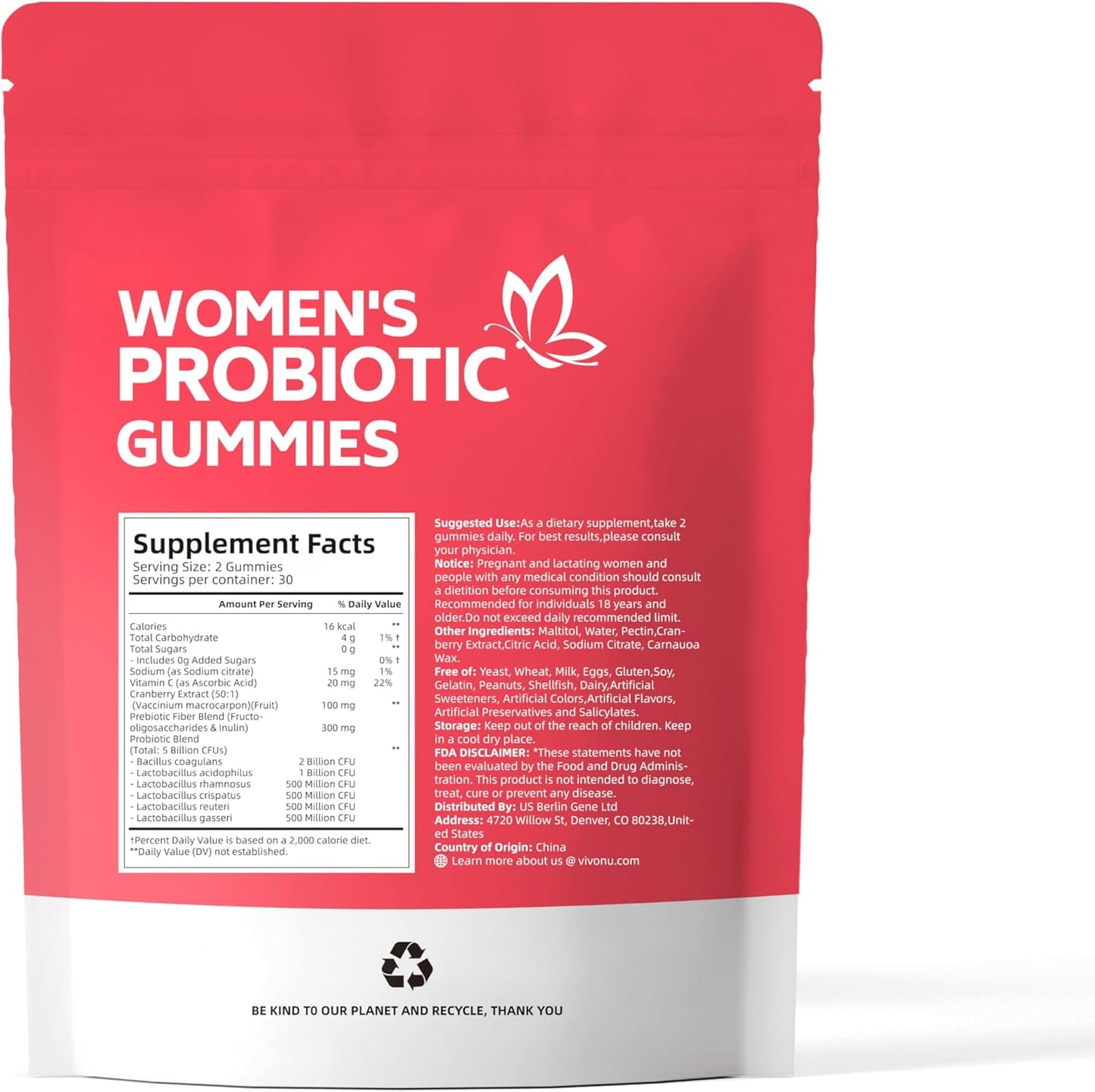 VivoNu Probiotic Gummies for Women with Prebiotics Cranberry 60 Count