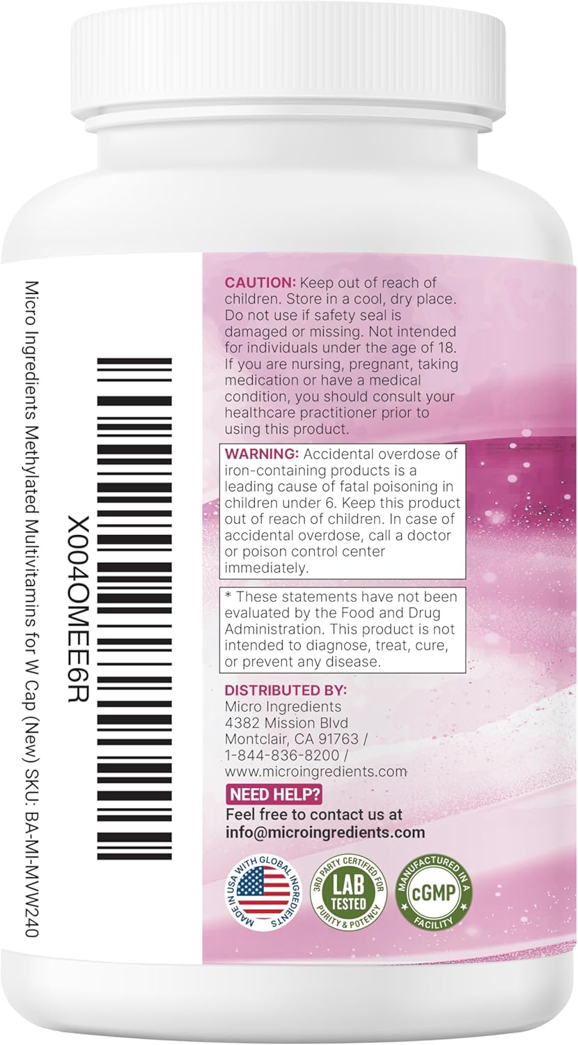 Micro Ingredients Women’s Methylated Multivitamin Capsules with Vitamin B, C, D and Iron 240 Count