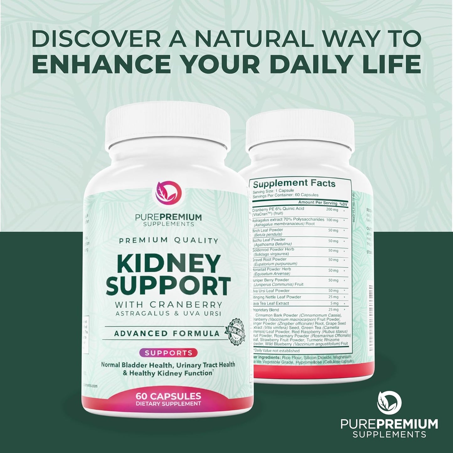 PurePremium Kidney Support Supplement Cranberry Astragalus 21-in-1 60 Day Supply