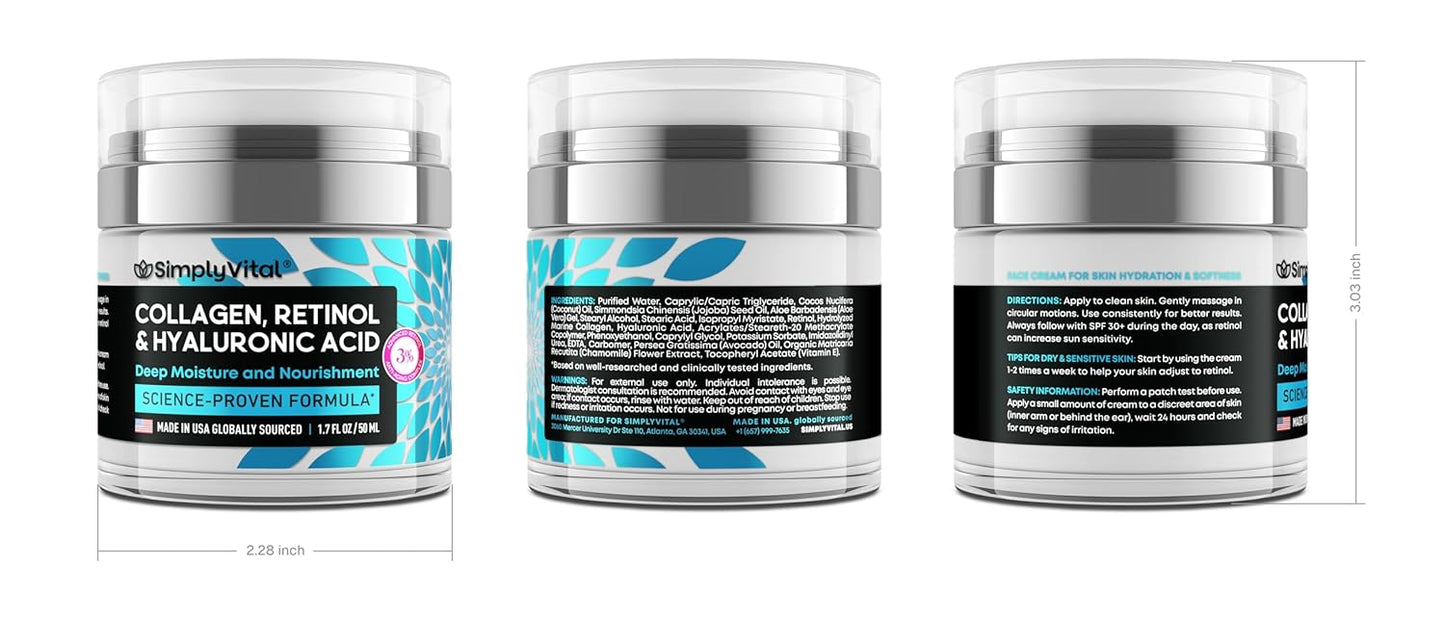 Face Moisturizer Retinol Collagen Hyaluronic Acid Cream 1.7 fl oz