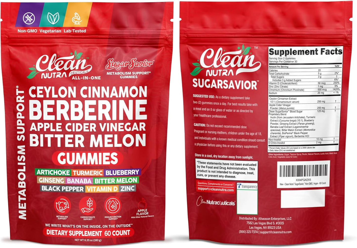Sugar Savior Berberine Cinnamon ACV Gummies Turmeric Ginseng Vitamins 60 Count