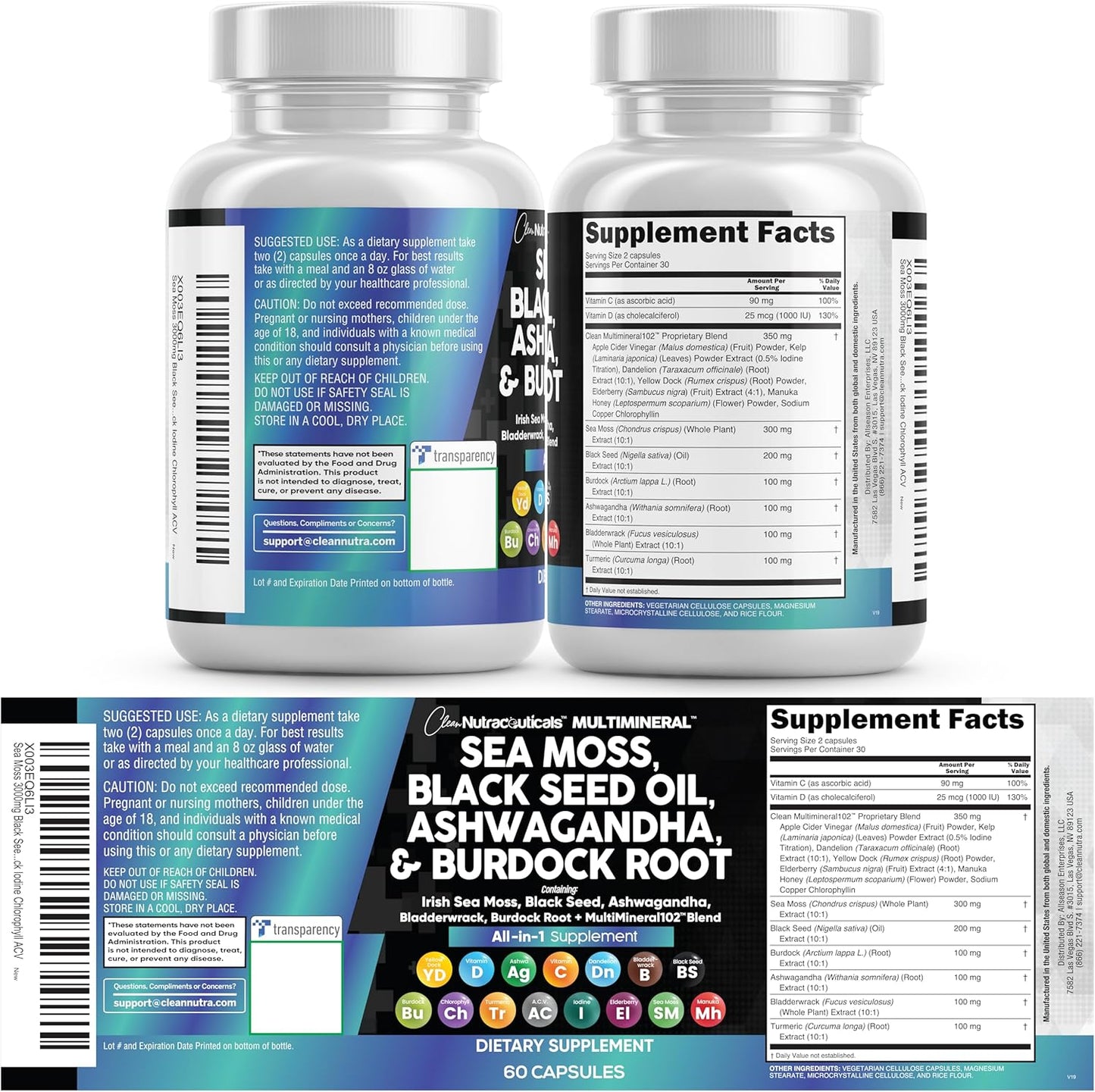 Clean Nutraceuticals Sea Moss & Herbal Supplement with Vitamins C D3 Elderberry 60 Count
