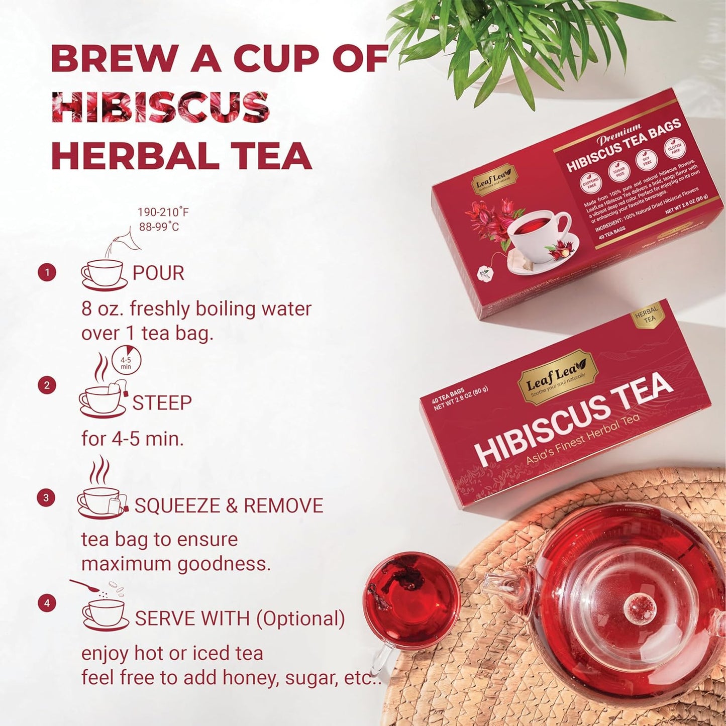 LeafLea Hibiscus Tea Bags 100% Pure Herbal Caffeine Free 40 Count