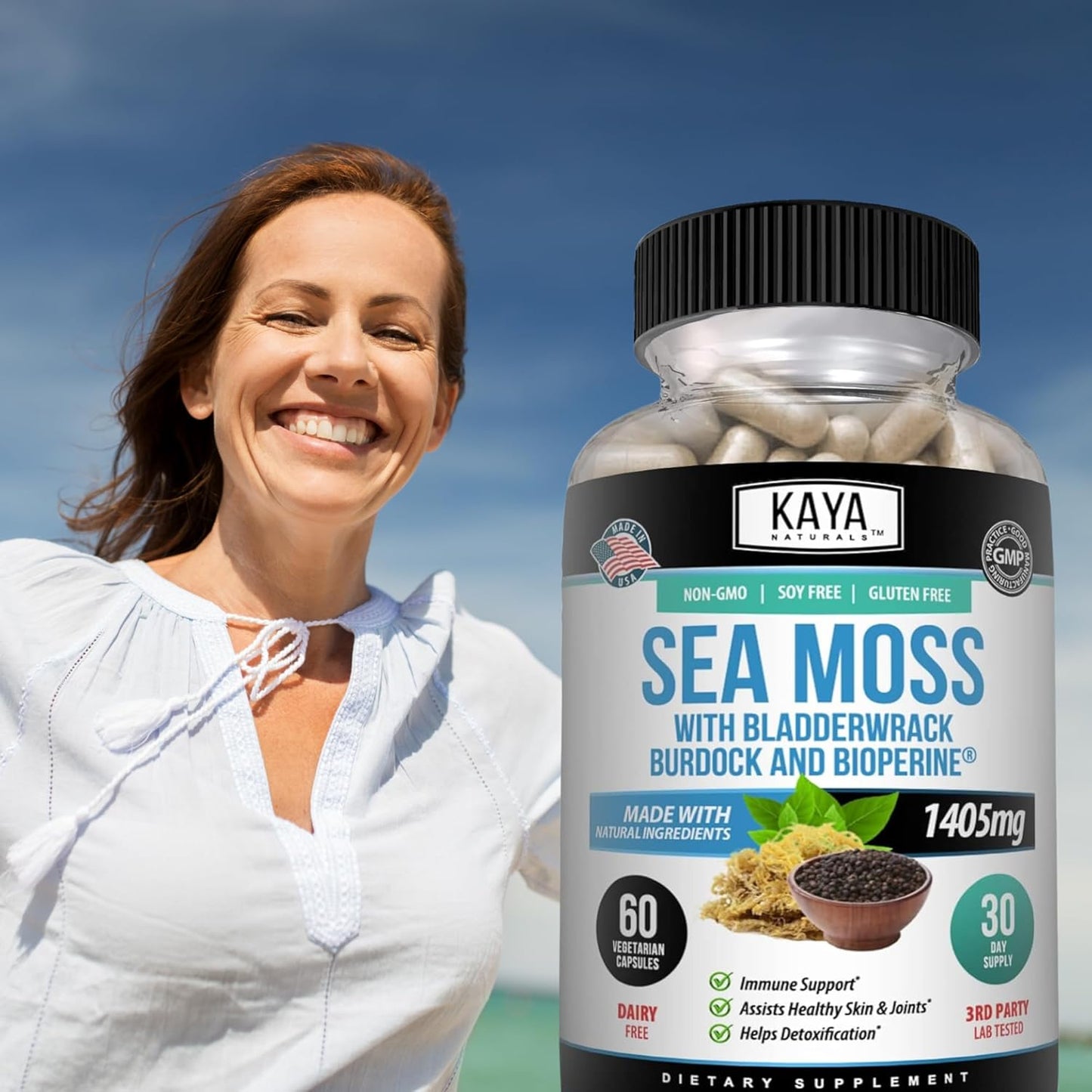 Kaya Naturals Sea Moss Capsules Burdock Root Bladderwrack BioPerine 60 Count