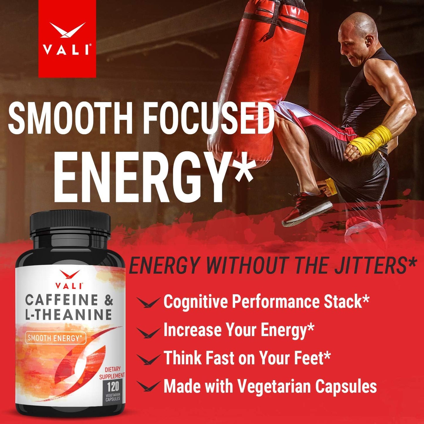 VALI Caffeine 50mg & L-Theanine 100mg Capsules – Energy & Focus Supplement, 120 Veggie Capsules