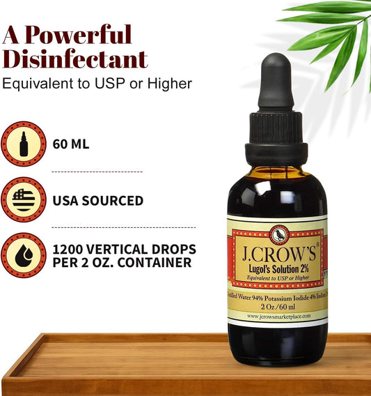 J.CROW'S® Lugol's Iodine 2% Solution – Iodine & Potassium Iodide Liquid Drops, 2 oz (2 Bottles), Gluten & Alcohol-Free