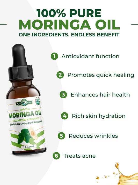Organic Moringa Seed Oil 2 oz – 100% Pure Cold Pressed Unrefined Moringa Oleifera Oil for Skin & Hair, Food Grade