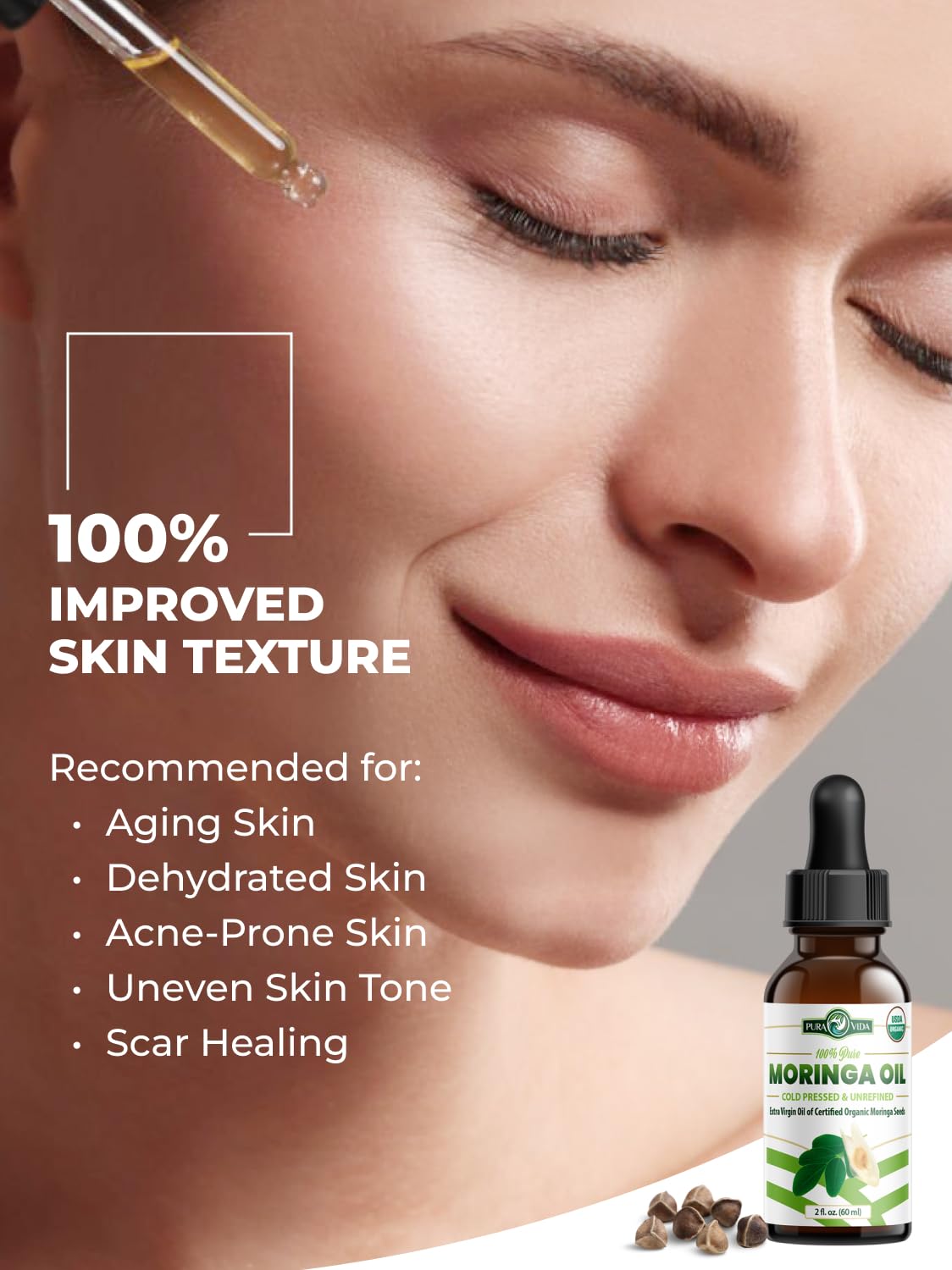 Organic Moringa Seed Oil 2 oz – 100% Pure Cold Pressed Unrefined Moringa Oleifera Oil for Skin & Hair, Food Grade