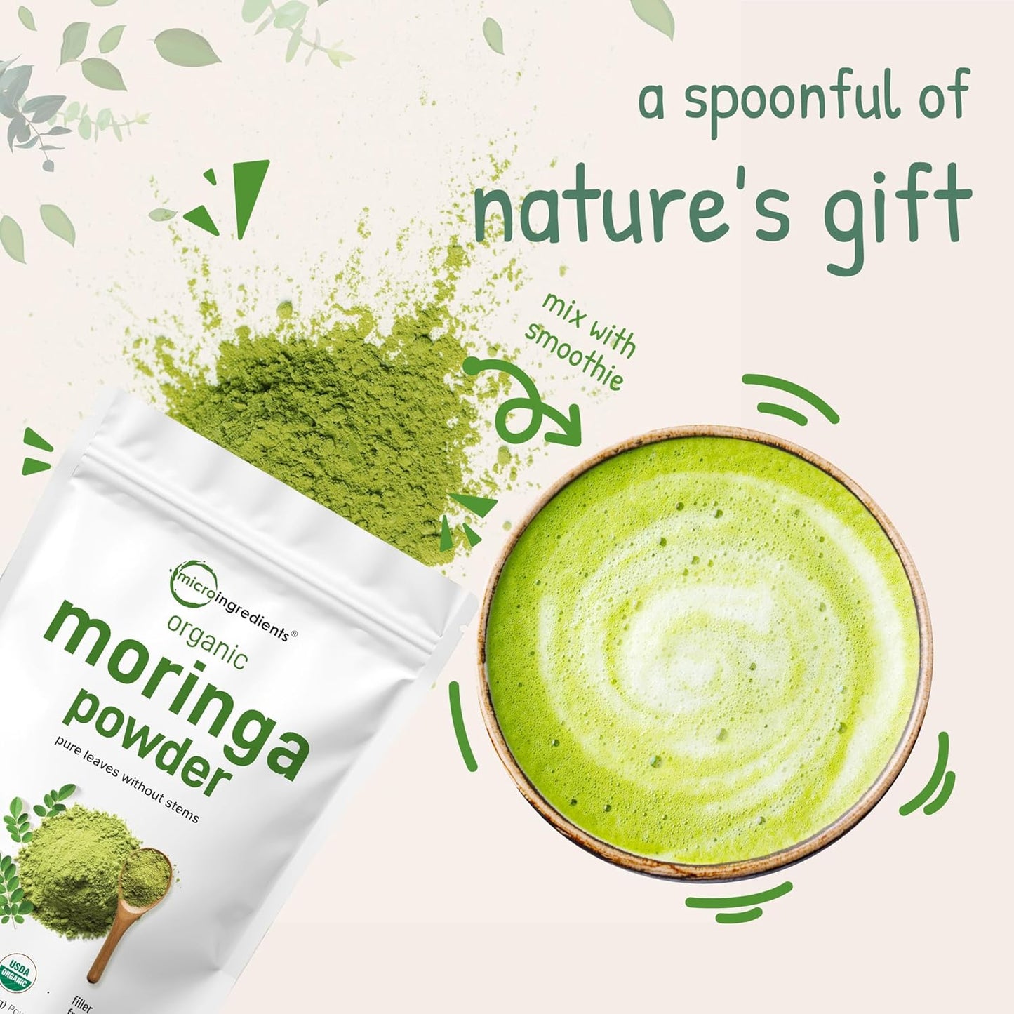 Micro Ingredients Organic Moringa Leaf Powder 2 lb – Pure Oleifera Superfood, Antioxidant Rich, Vegan