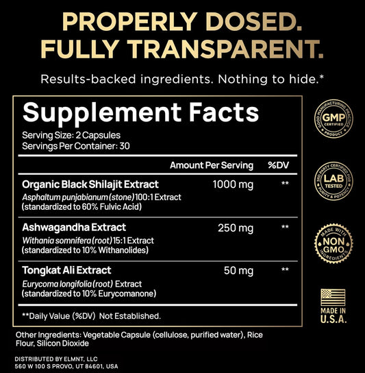 Black Shilajit 103,800mg 100x Strength with Ashwagandha & Tongkat Ali – 60% Fulvic Acid, Energy & Stamina Support, Capsules
