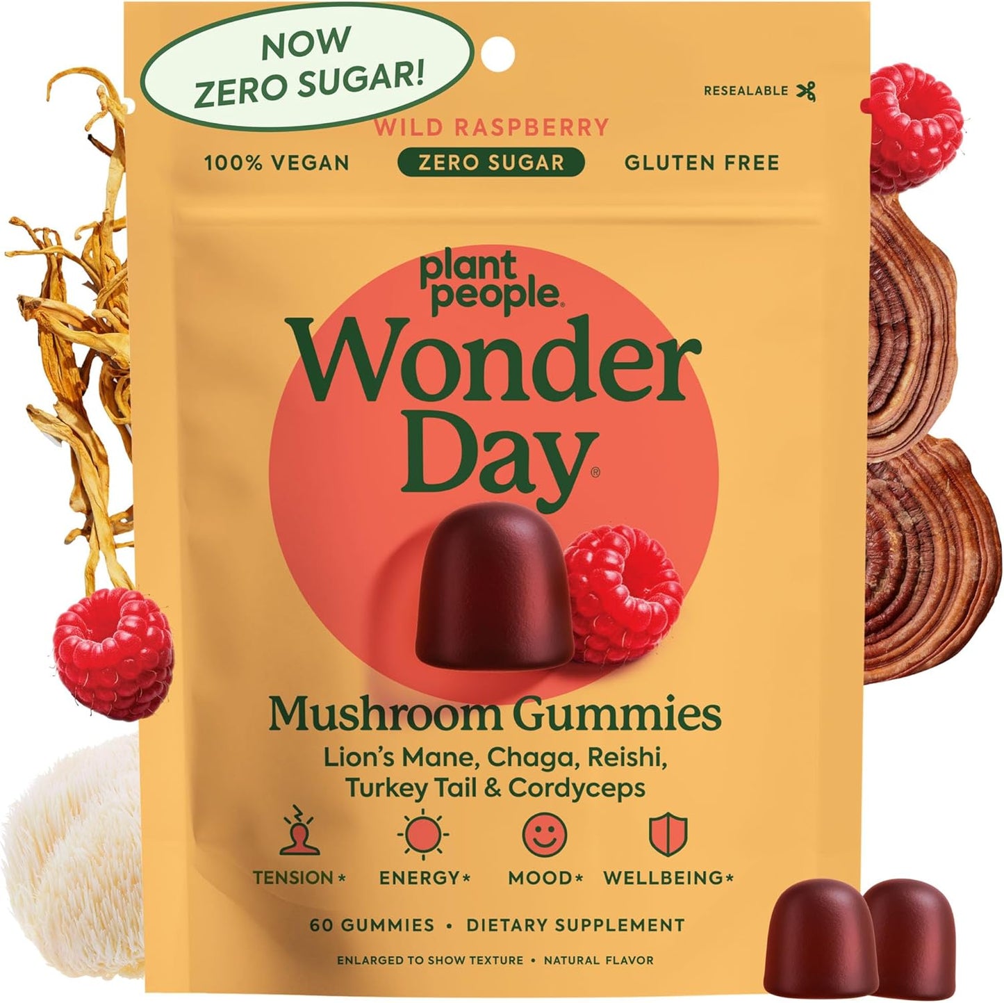 Plant People WonderDay Mushroom Gummies with Lion’s Mane, Cordyceps & Chaga 60 Gummies