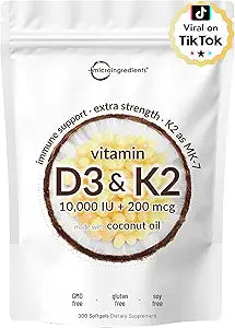 Micro Ingredients Vitamin D3 10,000 IU + K2 MK-7 200 mcg Softgels – 2-in-1 Vitamin D & K Complex with Coconut Oil, 300 Count