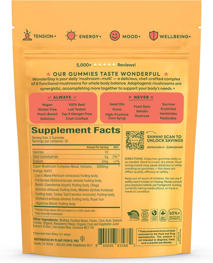 Plant People WonderDay Mushroom Gummies with Lion’s Mane, Cordyceps & Chaga 60 Gummies
