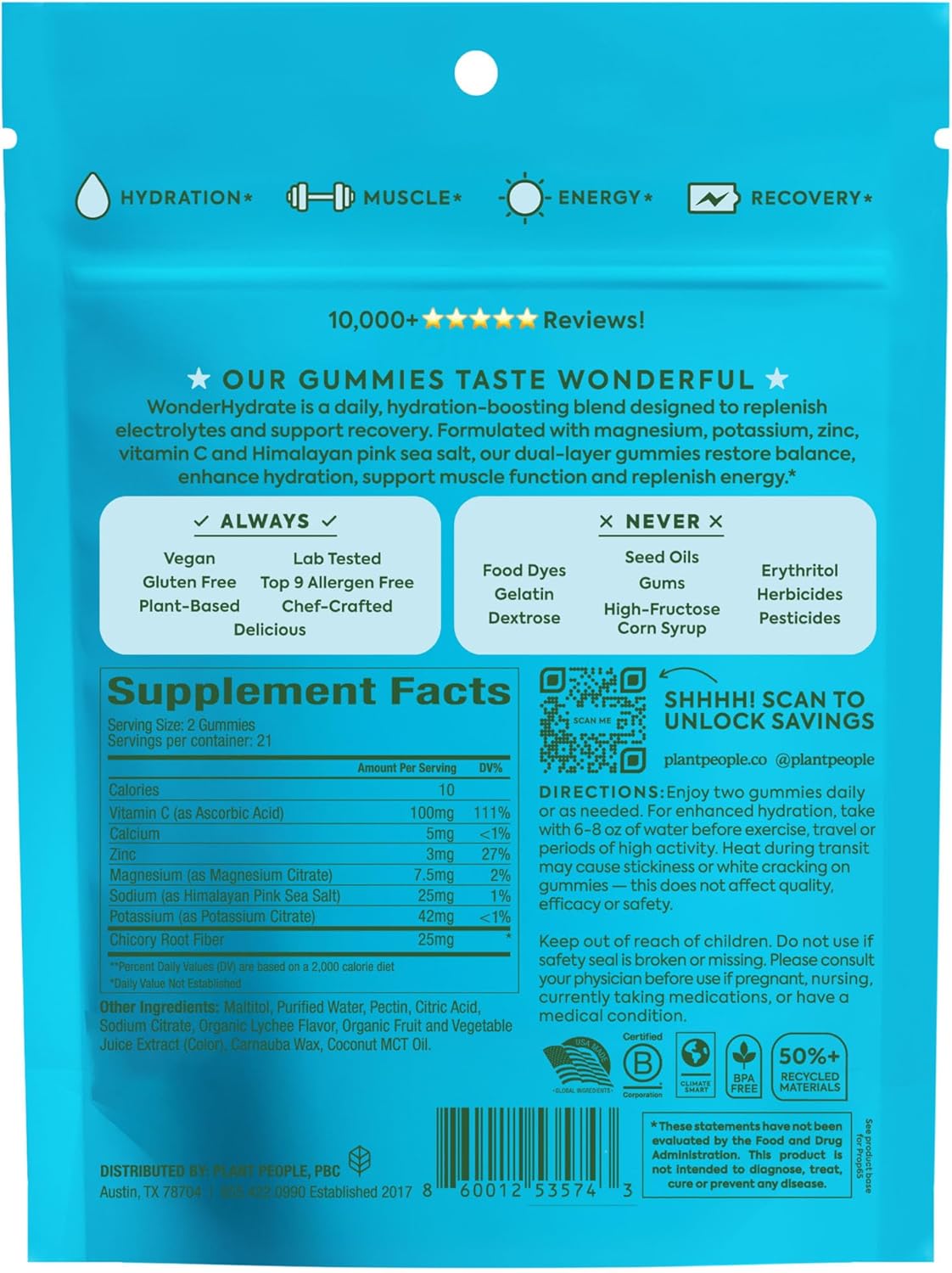 Plant People WonderHydrate Electrolyte Gummies with Magnesium, Potassium & Vitamin C 42 Count