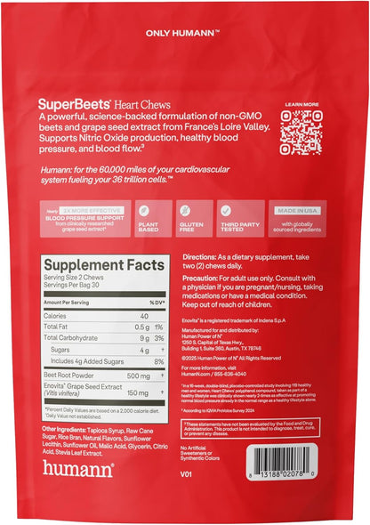Humann SuperBeets Heart Chews Beetroot Grape Seed Extract Pomegranate Berry 60 Count