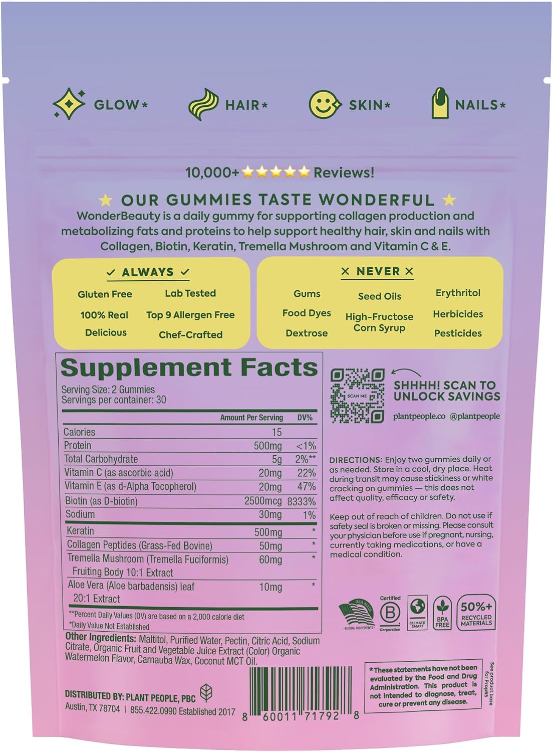 Plant People WonderBeauty Hair Skin & Nails Gummies with Tremella Mushroom, Collagen & Biotin 60 Gummies