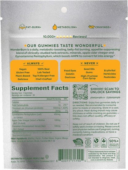 Plant People WonderBurn Metabolism Gummies Zero Sugar Ripe Mango Flavor 60 Count