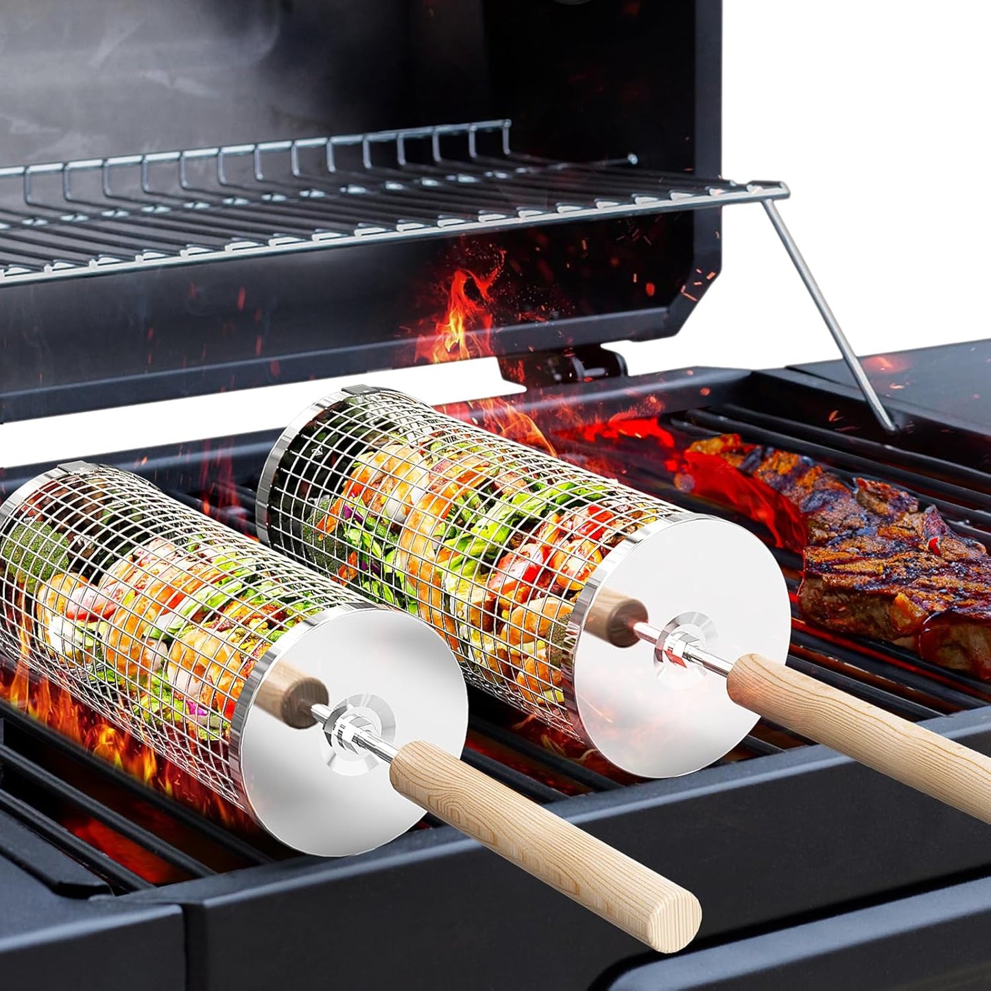 Rolling Grill Baskets Stainless Steel with Removable Wooden Handle BBQ Set