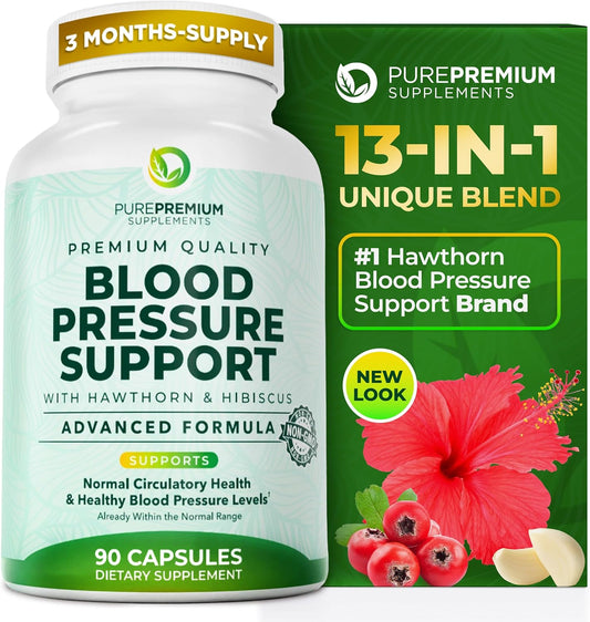 PurePremium Blood Pressure Supplement Hawthorn Hibiscus Garlic Vitamin B12 90 Count