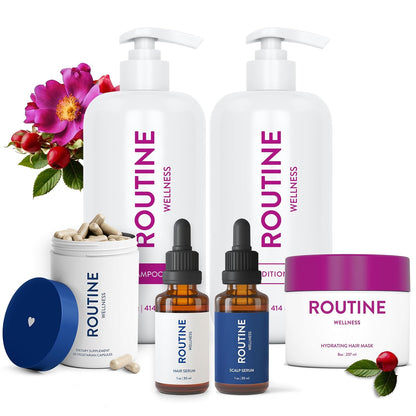 Routine Wellness Hair Care Bundle with Shampoo, Conditioner, Hair Serums, Supplement & Hair Mask Rose Hips