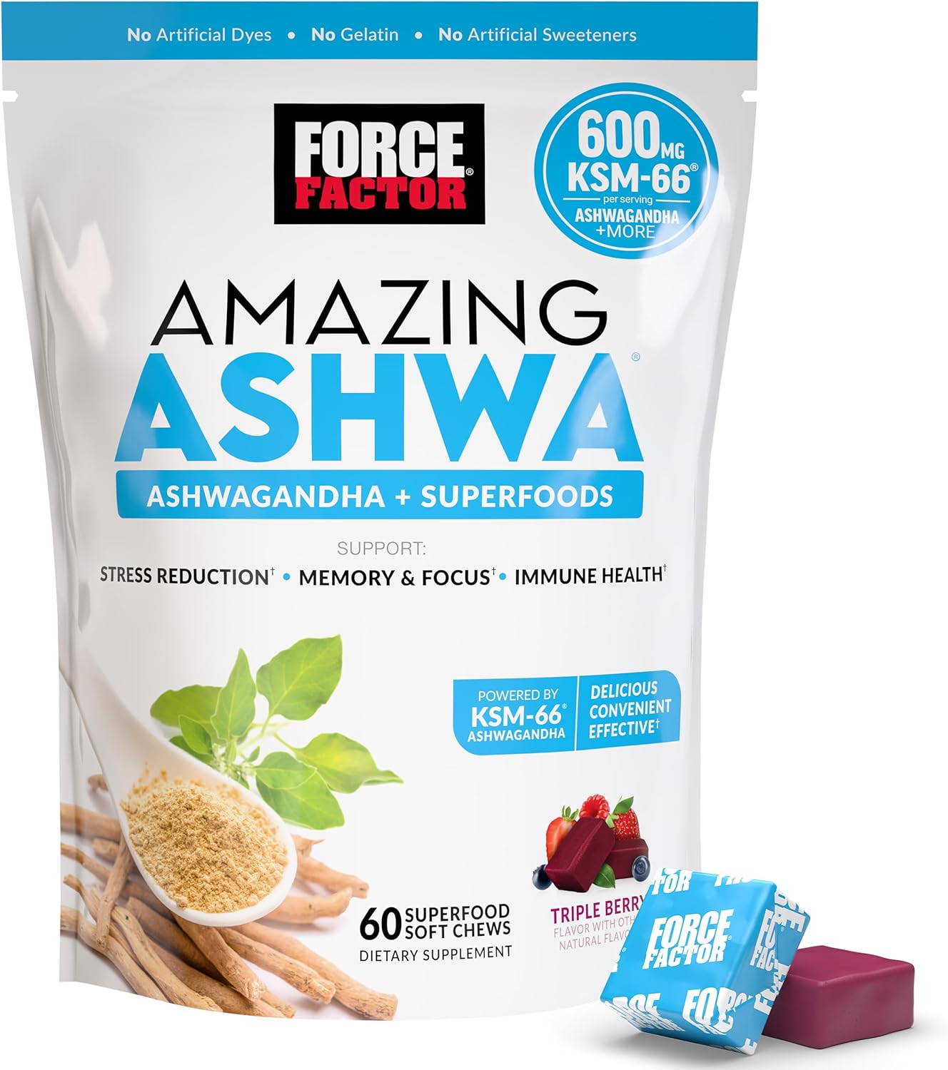 Force Factor Amazing Ashwa KSM-66 Ashwagandha Soft Chews 60 Count