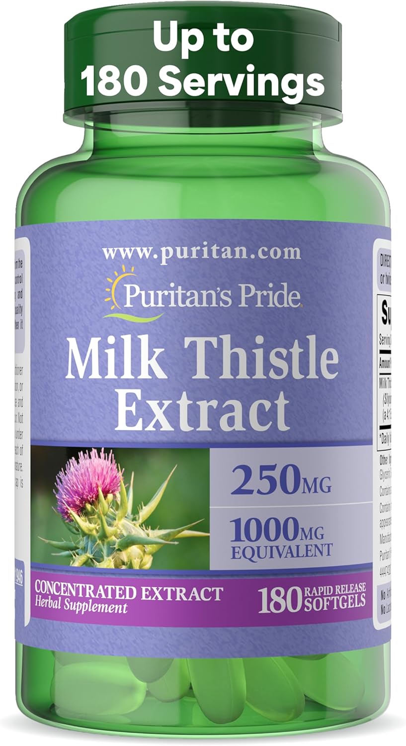 Puritan's Pride Milk Thistle Silymarin 4:1 Concentration Extract 250 mg (1000 mg Equivalent), Dietary Supplement for Traditional Liver Support, 6 Month Supply, 180 Count